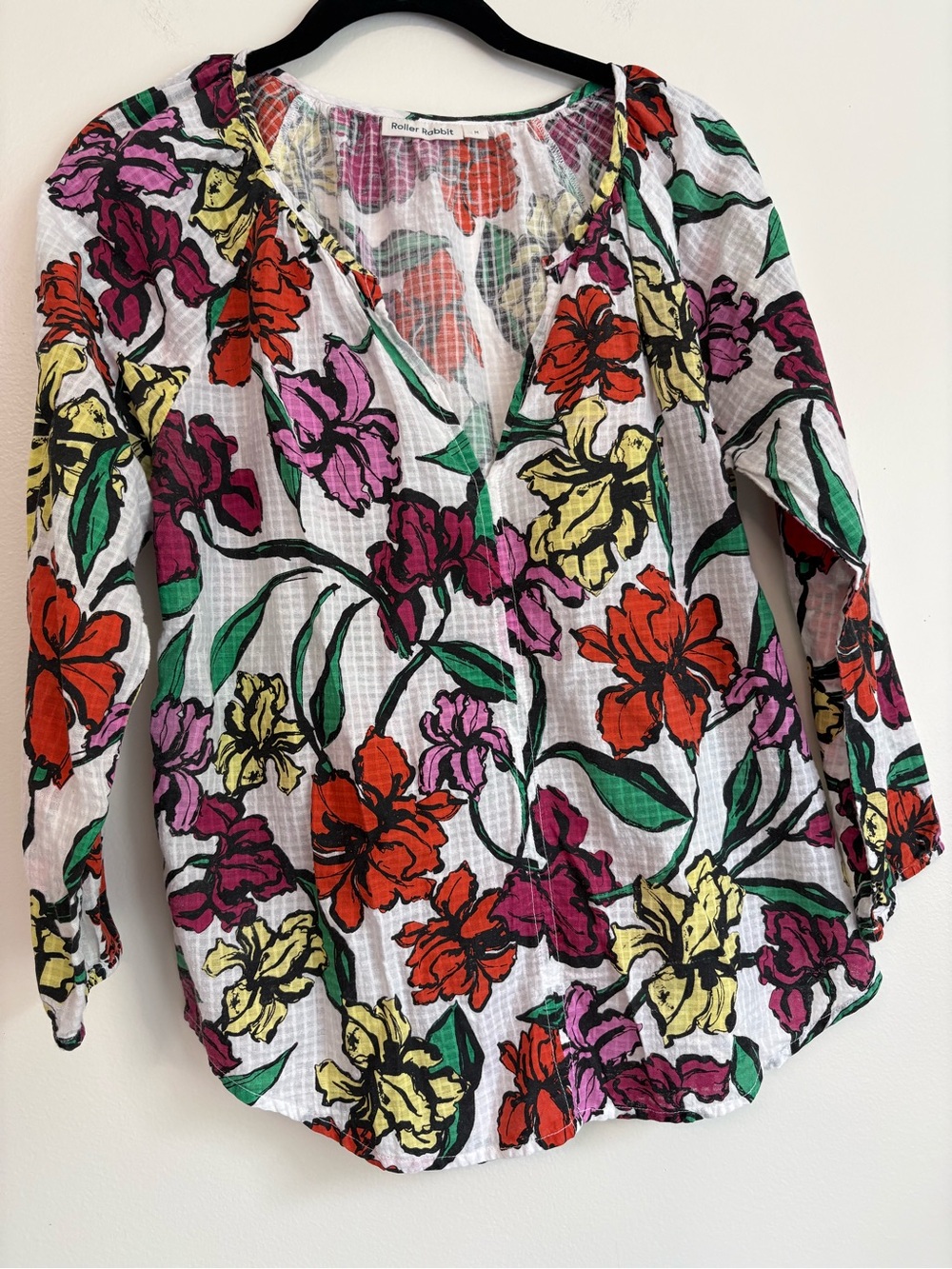 Roller Rabbit Lucy White Floral Split Round Neck Tunic Top Sz M 100% Cotton - Picture 3 of 11